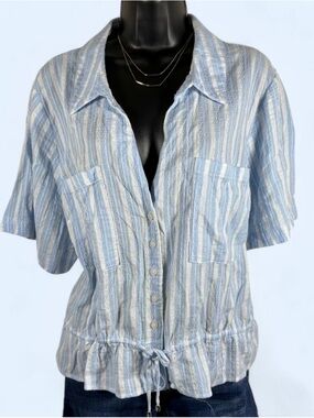 Tommy Hilfiger Blue and White Striped Drawstring Button Blouse